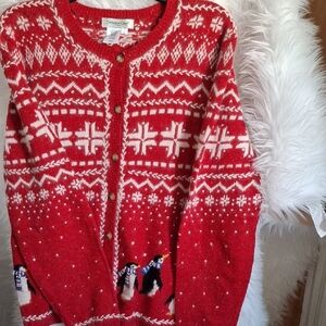 Cold Water Creek Red Cardigan with Penguin Motif